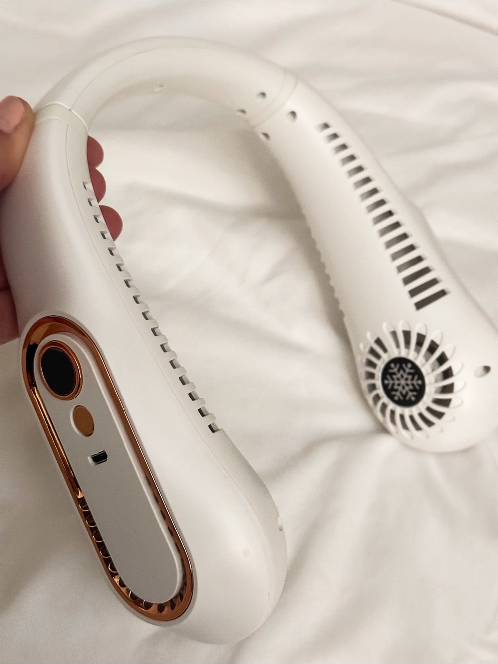 Hands-Free White Neck Fan with Rose Gold Accents